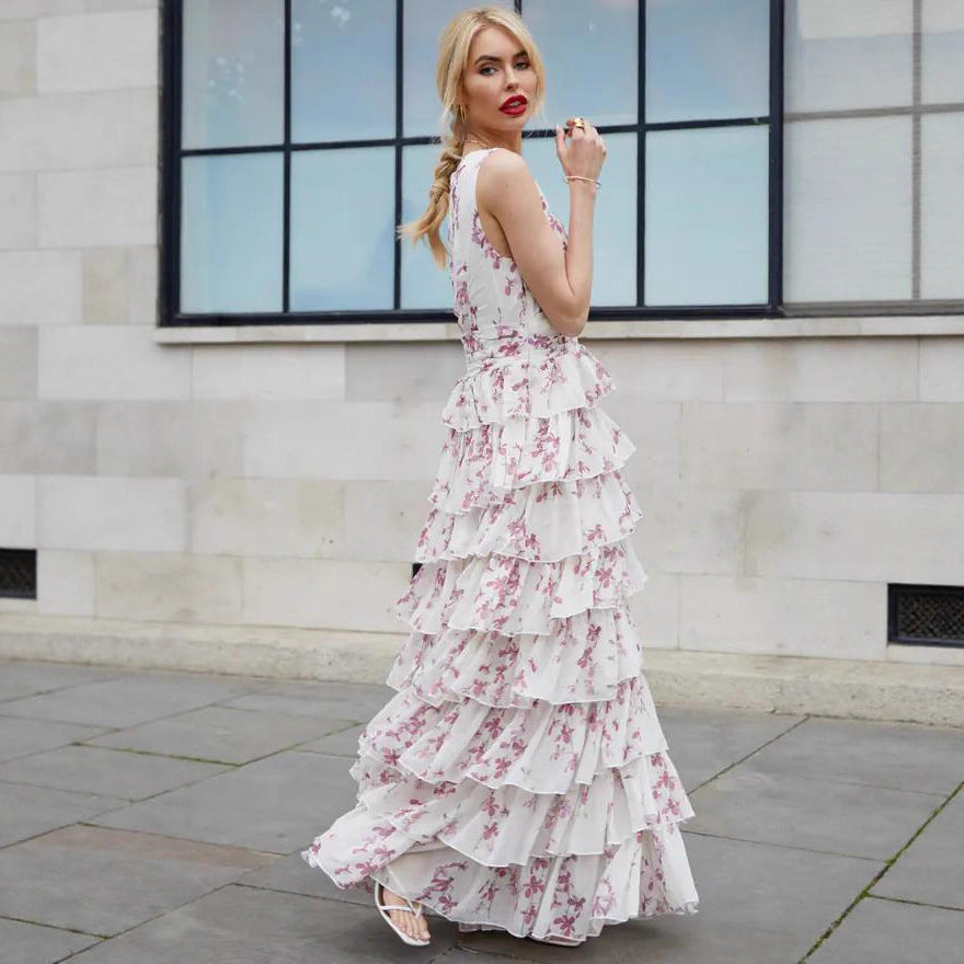 white Printed Chiffon maxi Dress