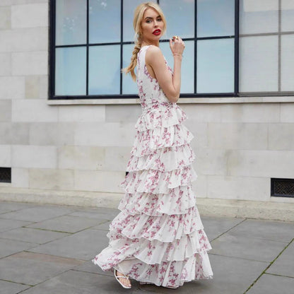 white Printed Chiffon maxi Dress