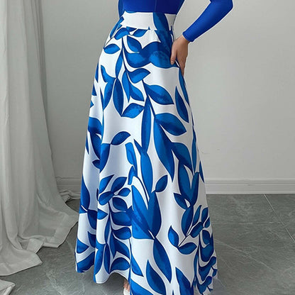 blue print long sleeve waist maxi dress