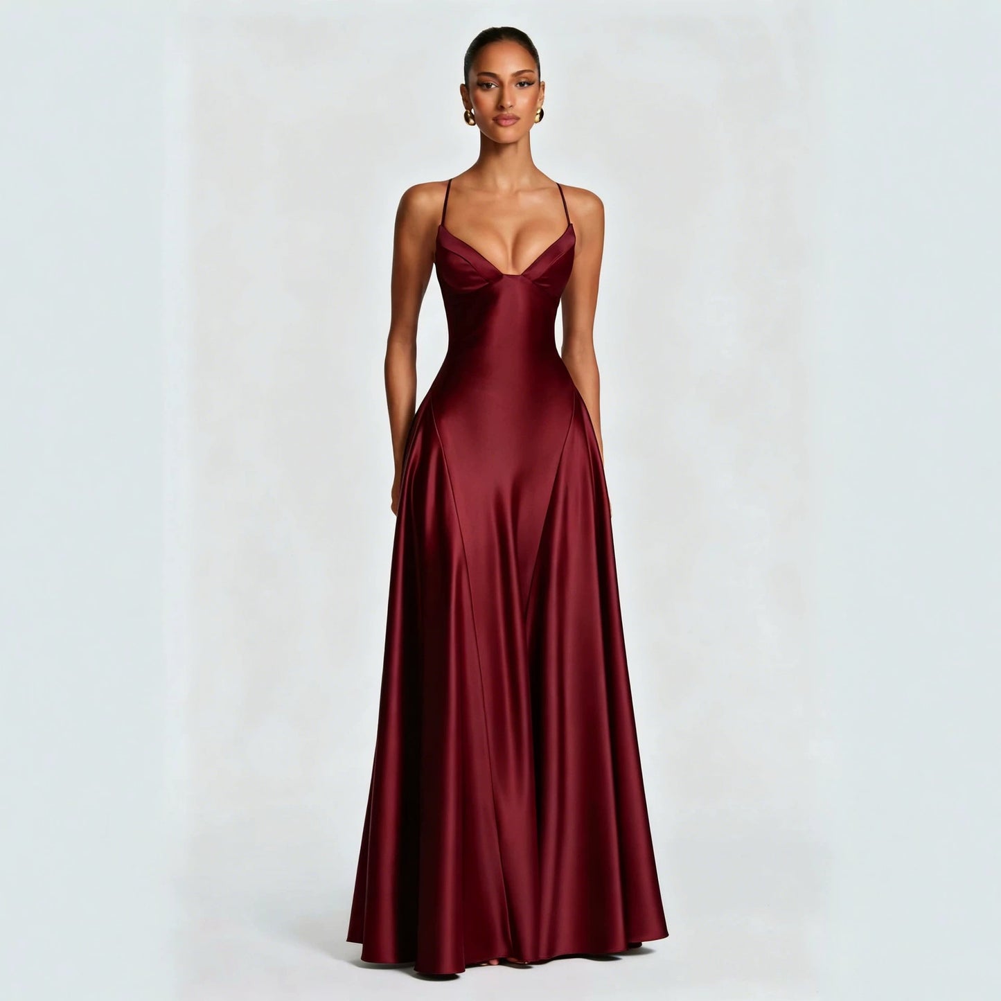 red wine Spaghetti Deep V Large Swing maxi Dress
