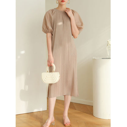 Pleated pastoral style bubble short-sleeved midi dress