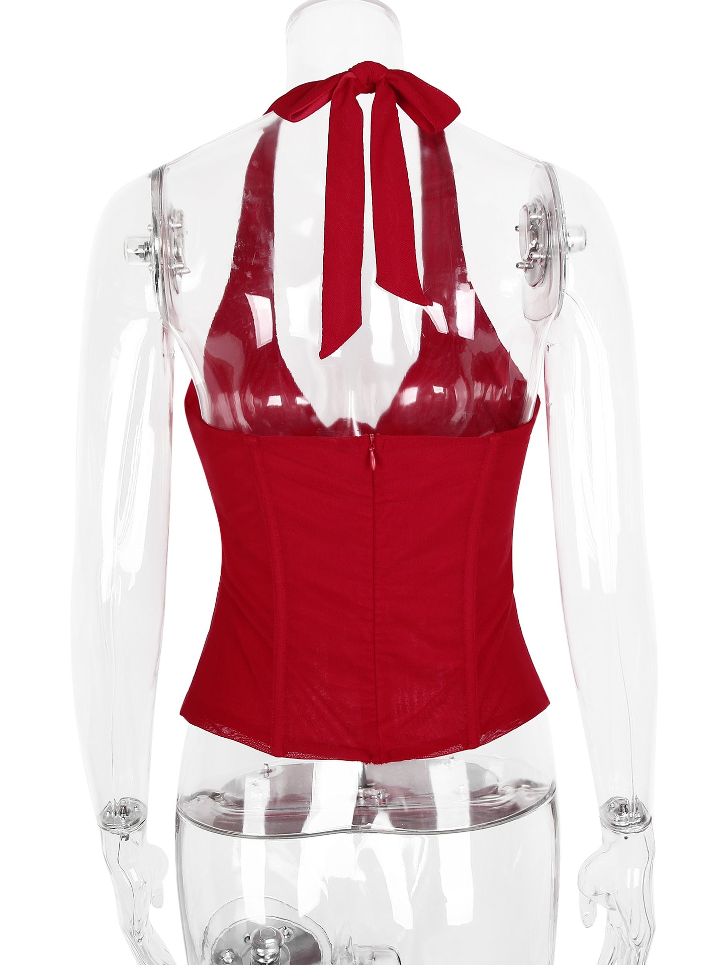 red halterneck herringbone backless cropped top