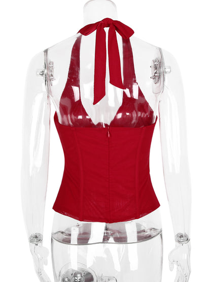 red halterneck herringbone backless cropped top