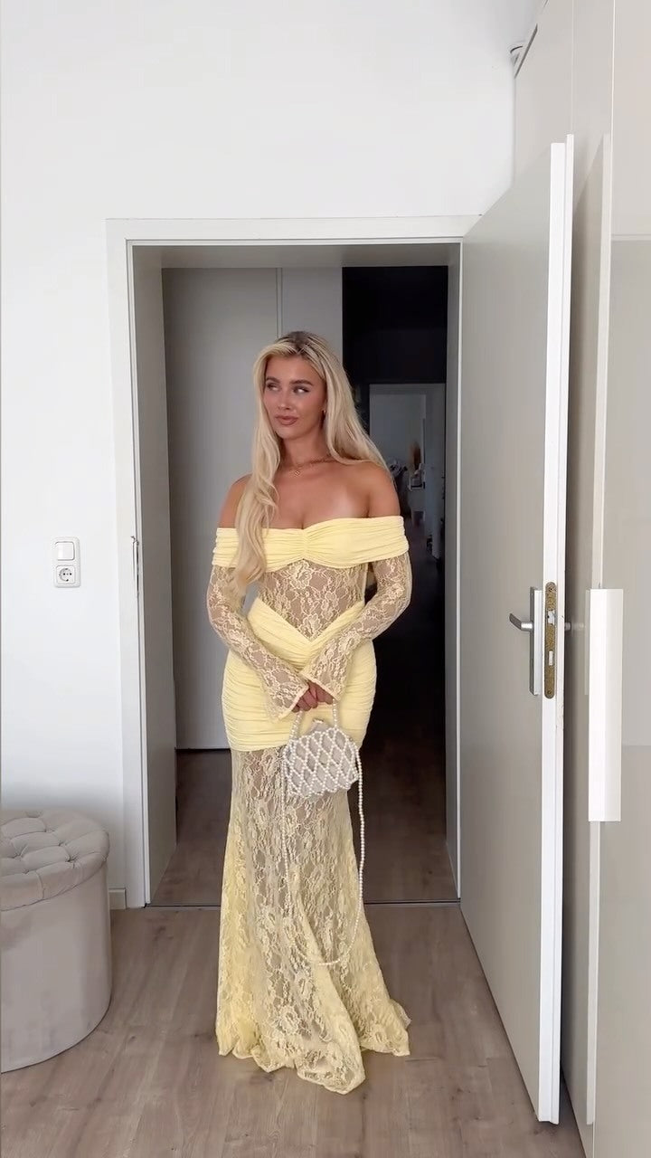 Lace-trimmed flared sleeve fishtail maxi skirt