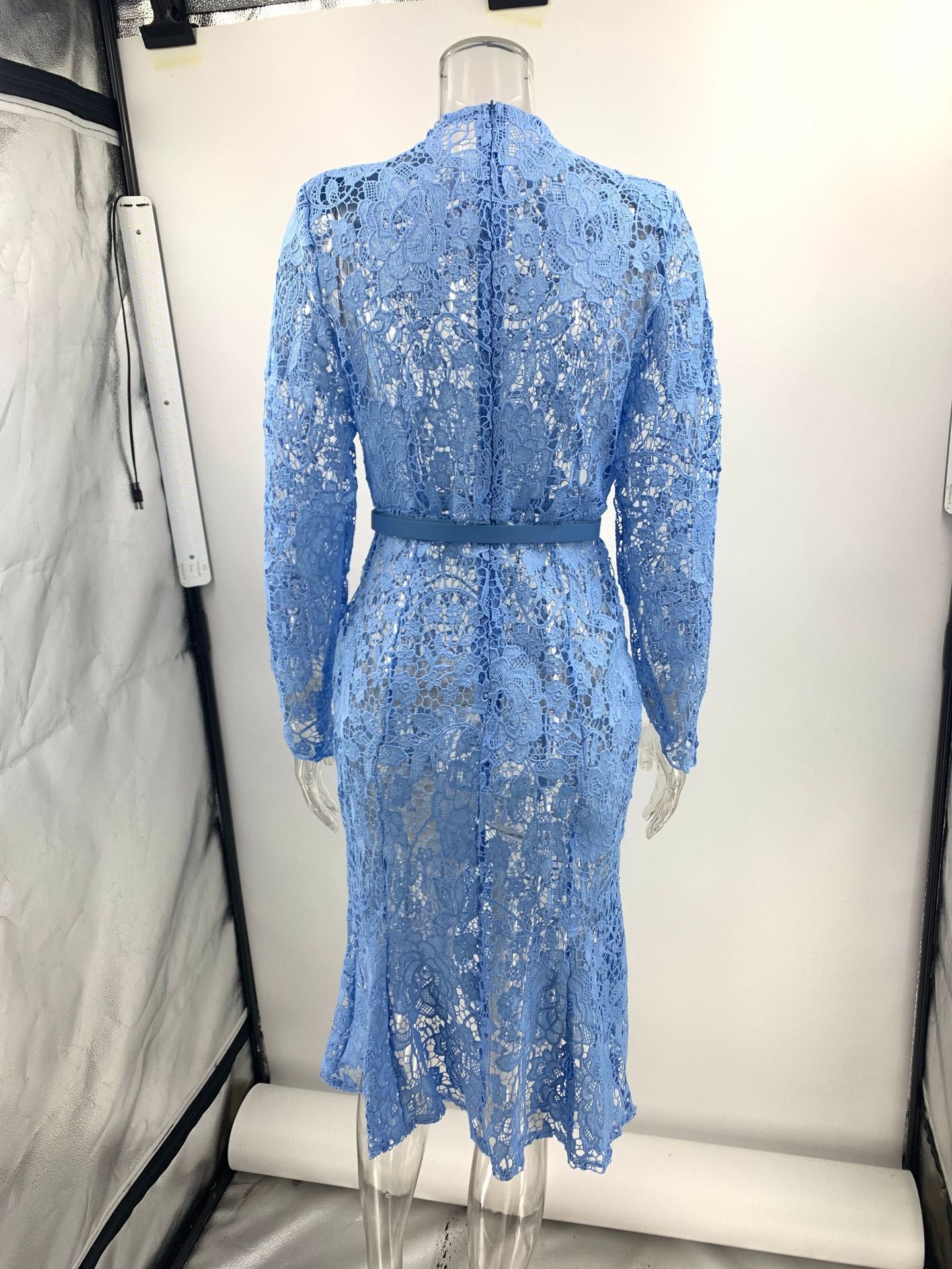blue Lace Cut-Through Lace Cut-Out Belt Long Sleeve Mermaid Dress