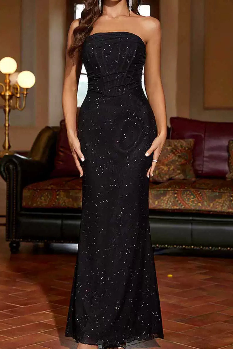 black Mesh sequined strapless dress