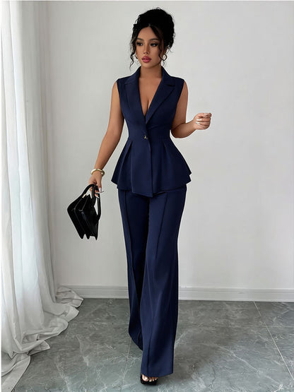 navy Deep V-neck Sleeveless Pleated Top with Wide-Leg Pants Set