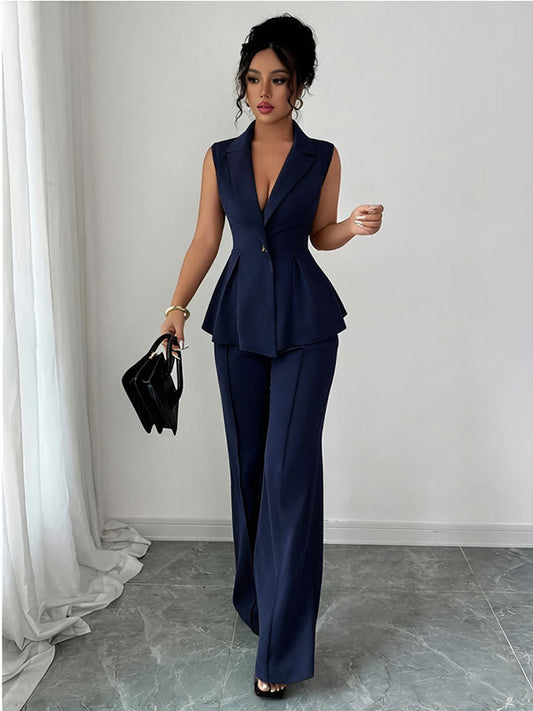 navy Deep V-neck Sleeveless Pleated Top with Wide-Leg Pants Set