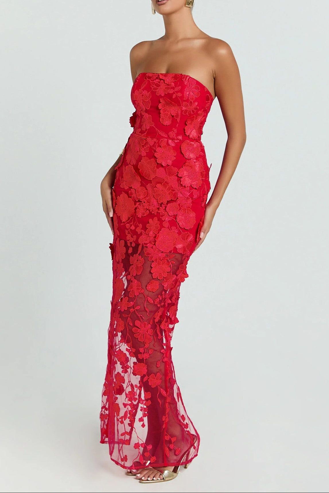 red three-dimensional flower bandeau maxi dress
