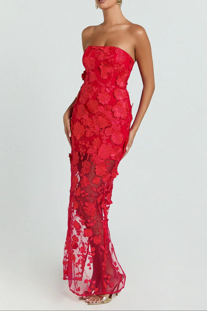 red three-dimensional flower bandeau maxi dress