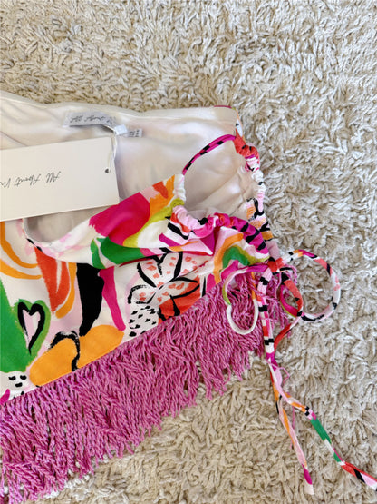 painted graffiti irregular strap fringed skirt set