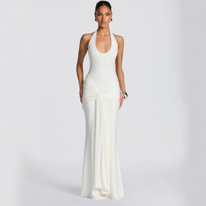 white streamer splicing suspender halterneck dress