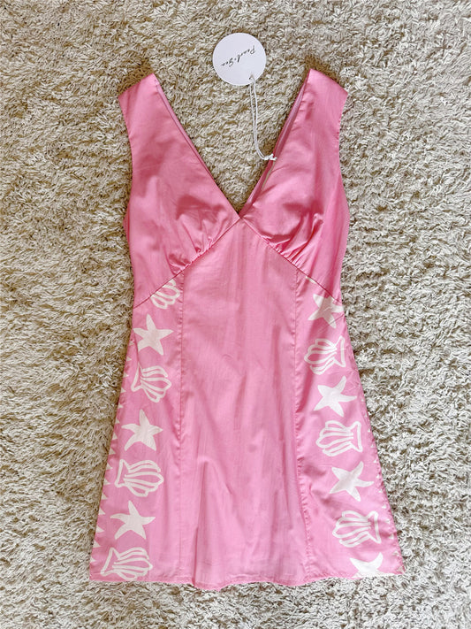sea star shell print pink V-neck backless short dress