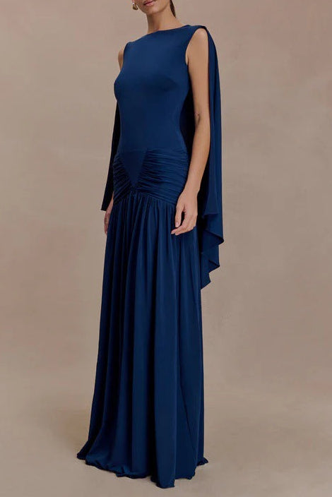 navy open back cape pleated maxi dress