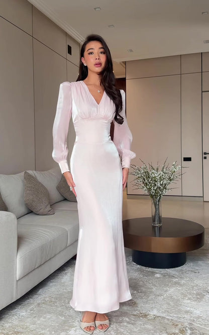 white long-sleeved maxi dress