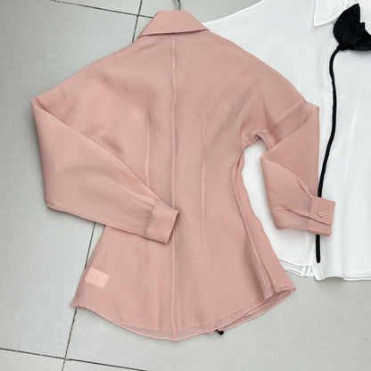 Pink Chiffon Mini Dress - Layered Ruffle Trim Shirt Dress