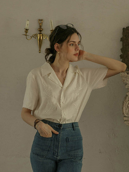 white embroidered lace short sleeve shirt top