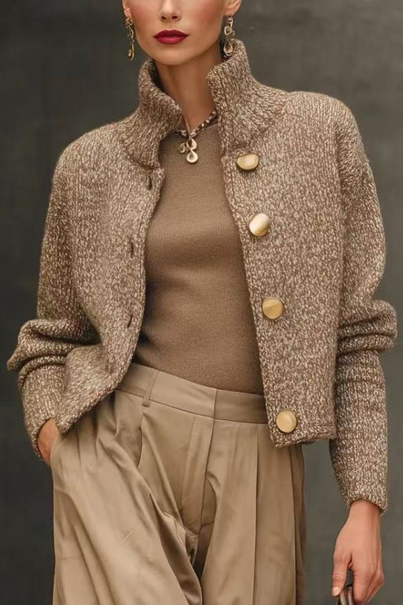 High-neck button-down knit short cardigan jacket