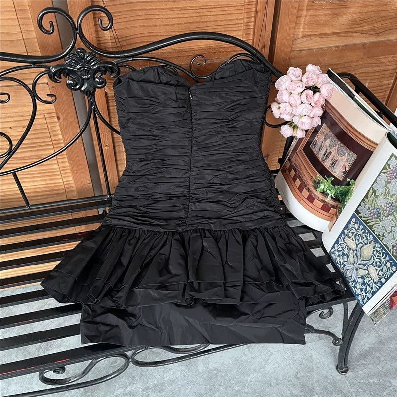 strapless Layer pinched pleated bandeau diamond ruffle slim mini dress