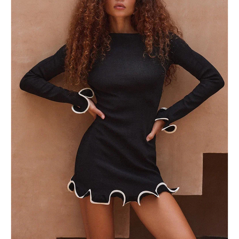 black Ruffled long-sleeved knit dress