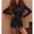 black Ruffled long-sleeved knit dress