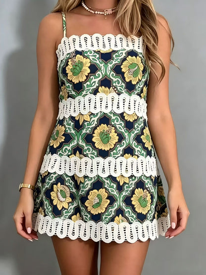 Lace-trim strapless linen mini dress