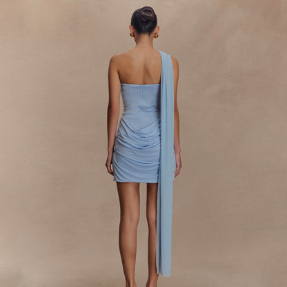 blue Bandeau Streamer Pleated mini Dress