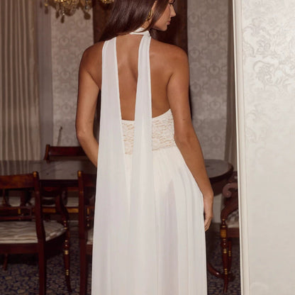 lace spliced halterneck long chiffon dress