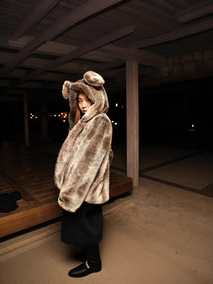 Faux Fur Jacket Bear Ears Cartoon Jacket