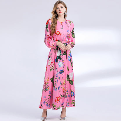Retro Print Long-Sleeved Single-Breasted Lantern Sleeve maxi Dress
