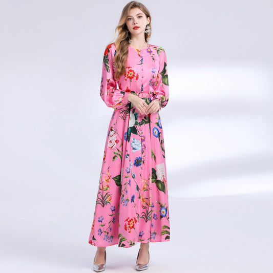 Retro Print Long-Sleeved Single-Breasted Lantern Sleeve maxi Dress