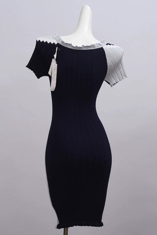 Black Knitted Mini Dress - Cozy Ribbed Sweater Dress