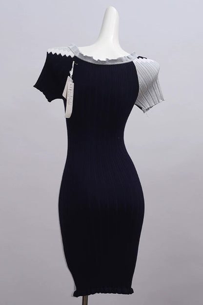 Black Knitted Mini Dress - Cozy Ribbed Sweater Dress