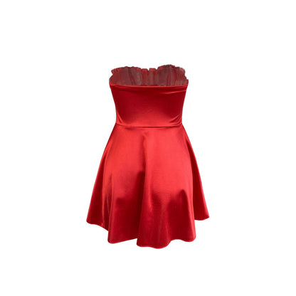 red A-line off-shoulder sleeveless mini dress