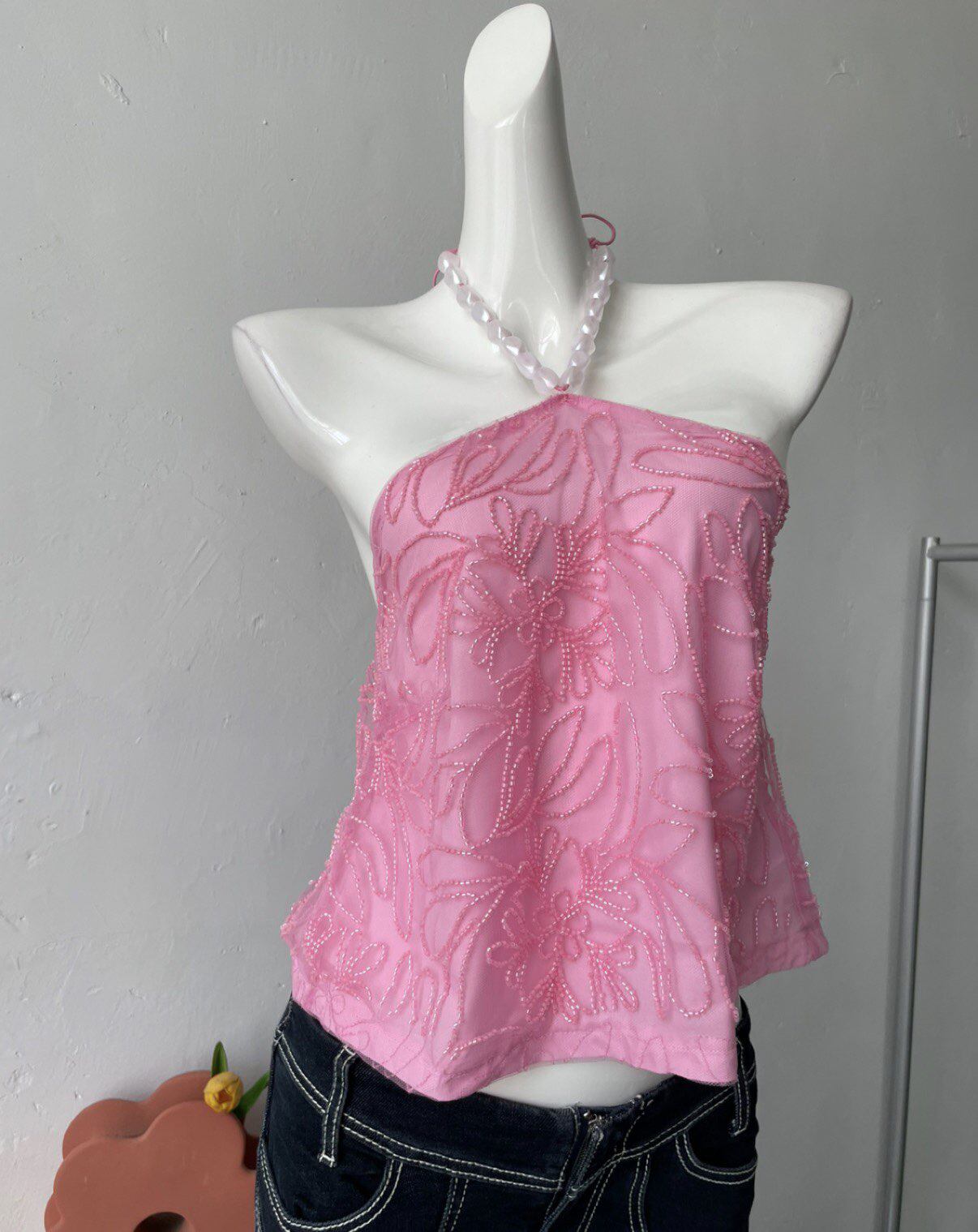 pink lace vest halterneck top