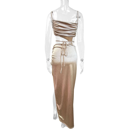 Pleated off-shoulder backless high-slit dress