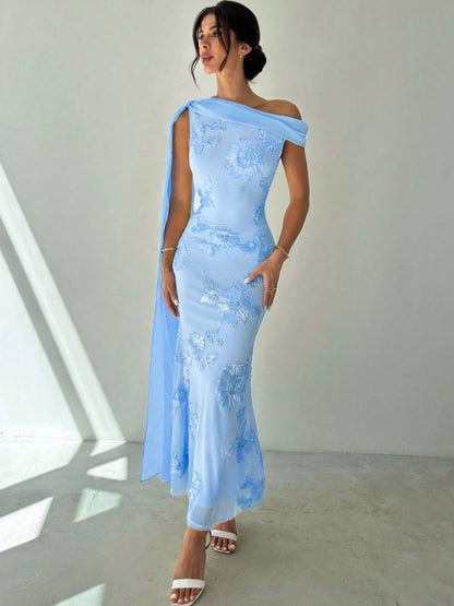 blue three-dimensional floral hip hugging sloping shoulder streamer maxi dress