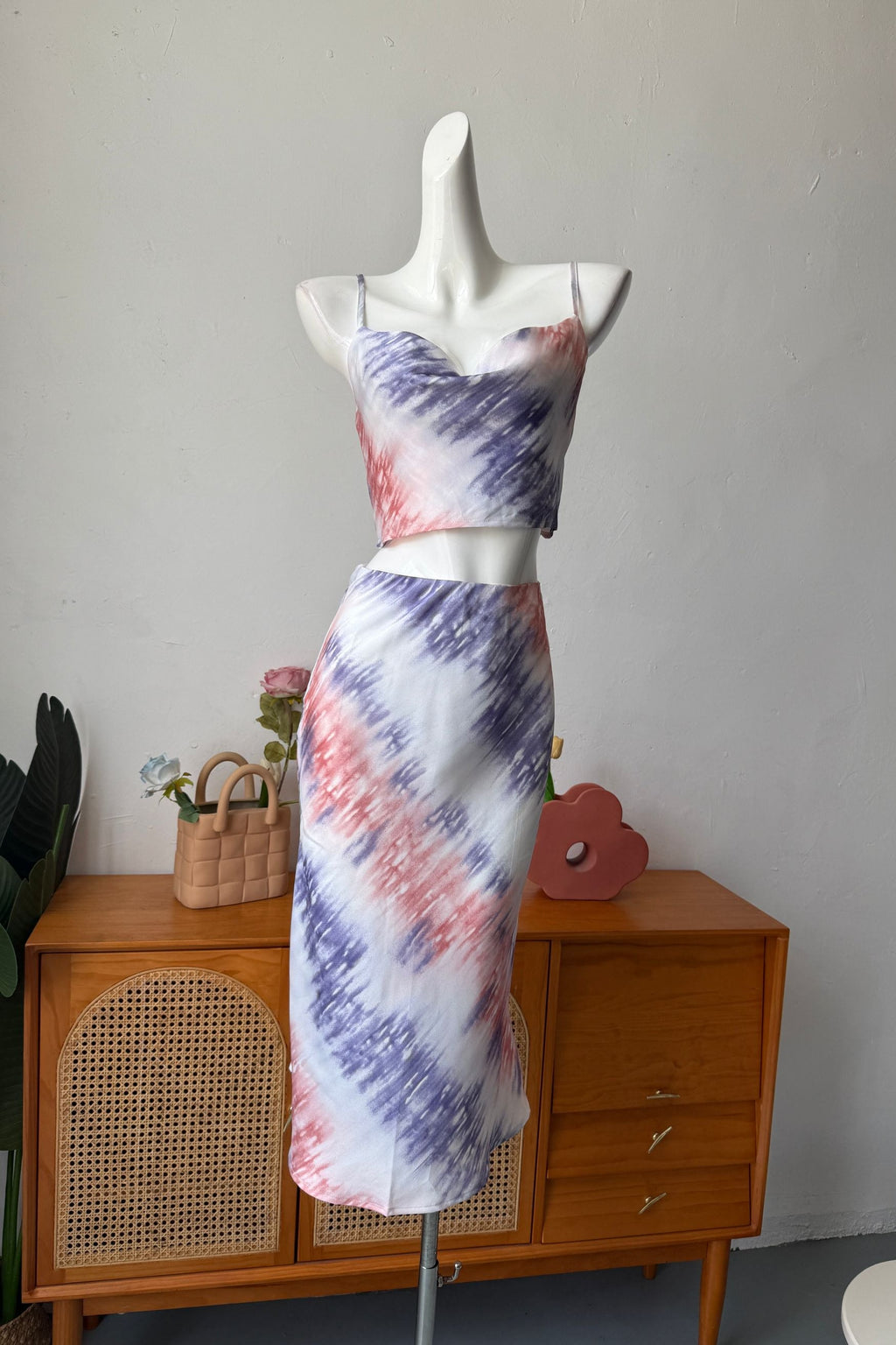 pink purple Tie-Dye Cropped Camisole & Slip Skirt