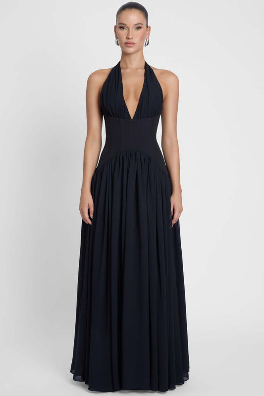 black suspender backless maxi dress