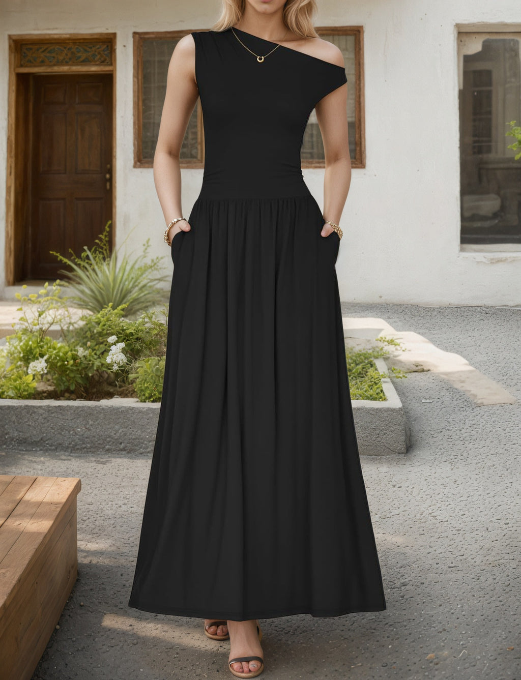 coral black Off-shoulder maxi dress
