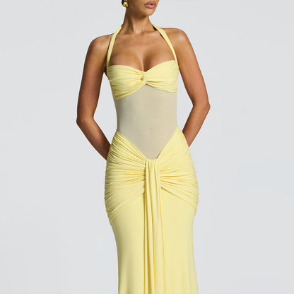 yellow backpack pleated hip dress