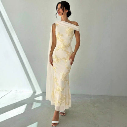 apricot three-dimensional floral hip hugging sloping shoulder streamer maxi dress