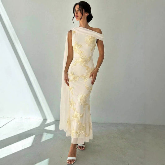 apricot three-dimensional floral hip hugging sloping shoulder streamer maxi dress
