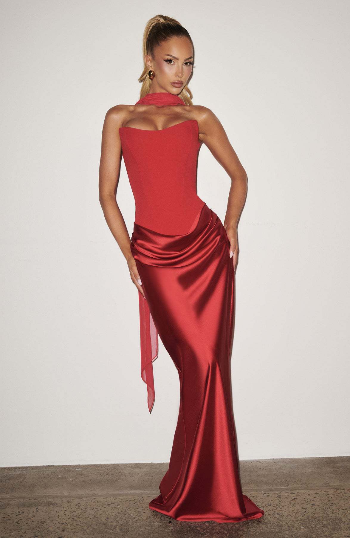 red satin lace-up streamer dress