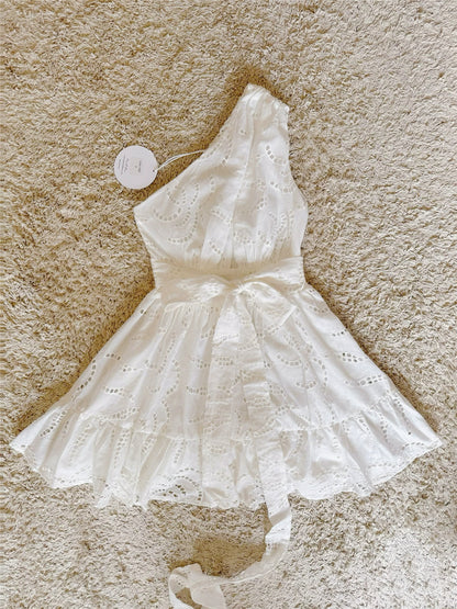 One Shoulder Cutout Eyelet Lace Mini Dress