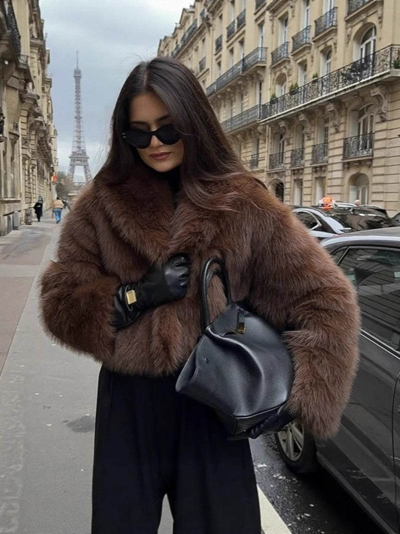 imitation fox fur cropped fur coats with artificial large fur collars