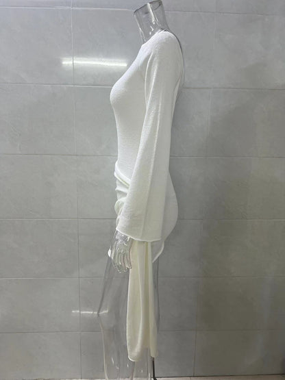 white long sleeve knitted mini dress
