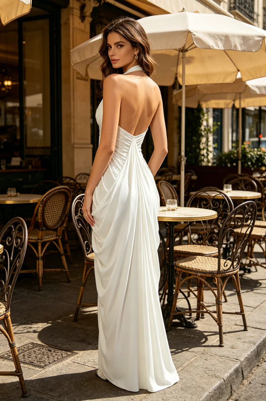 white halterneck V-neck backless pleated dress