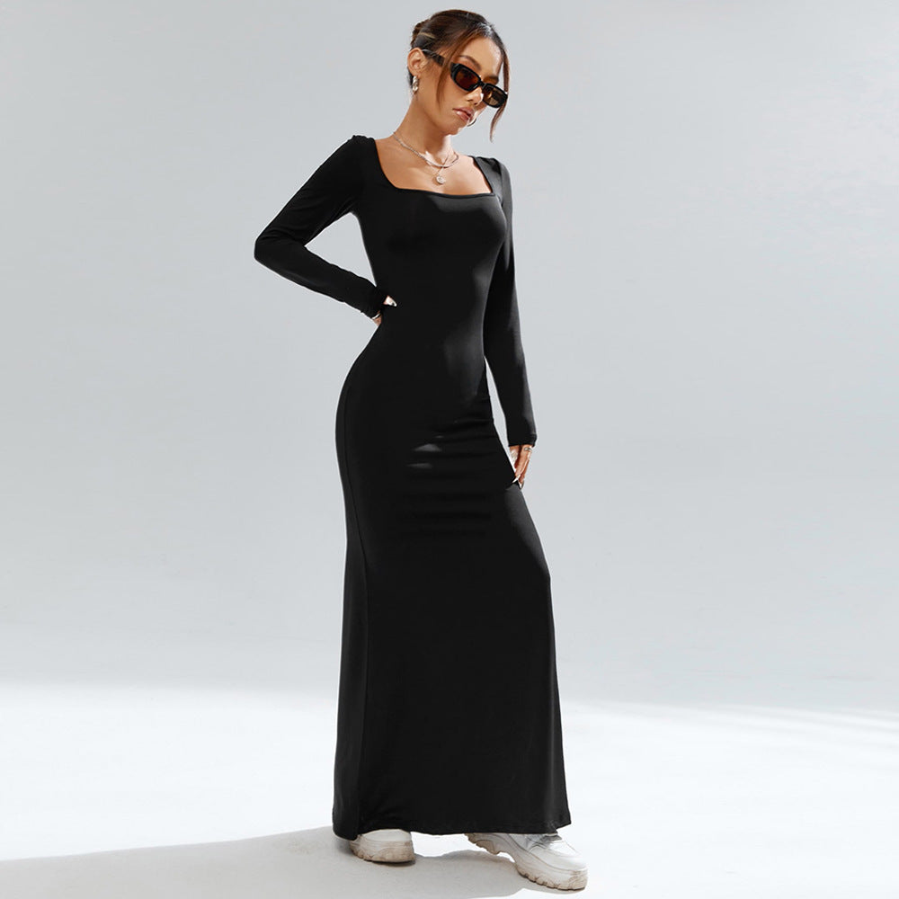 black Square neck knit long-sleeved bodycon maxi dress
