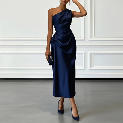 navy Off-the-Shoulder Evening Dress